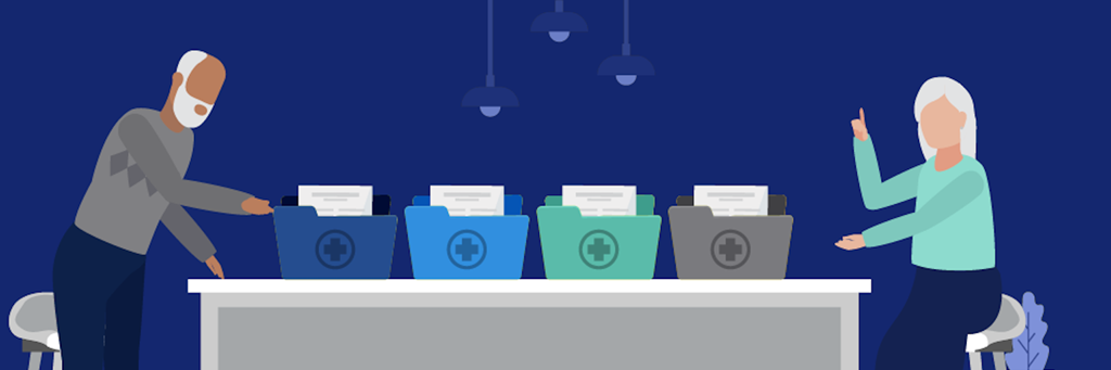 Illustration of a senior couple comparing Medicare Advantage plans in folders on a table.
