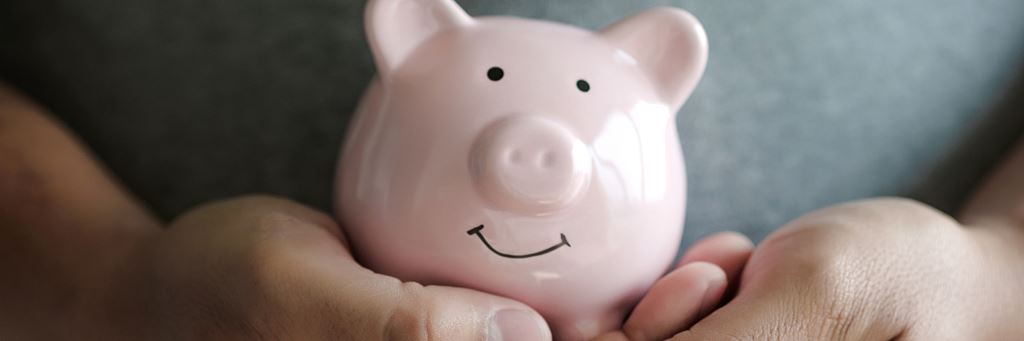Two hands cupped underneath a small pink piggy bank.