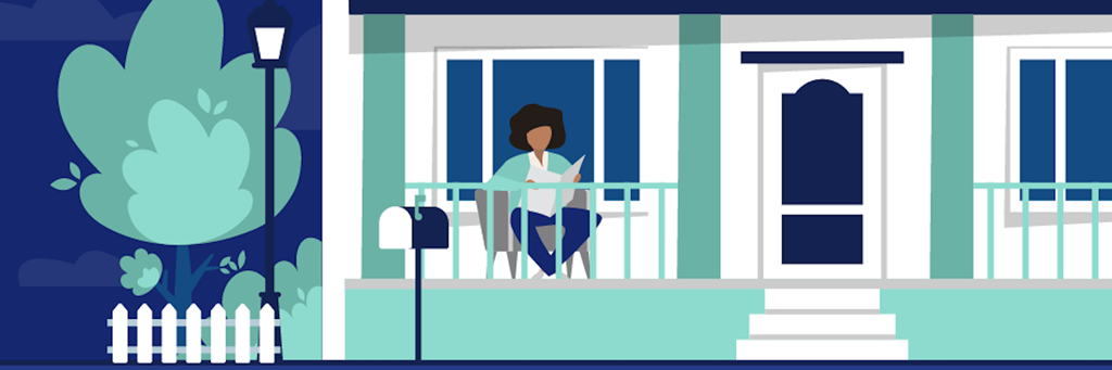 Illustration of a retiree relaxing and reading on the porch while aging in place.