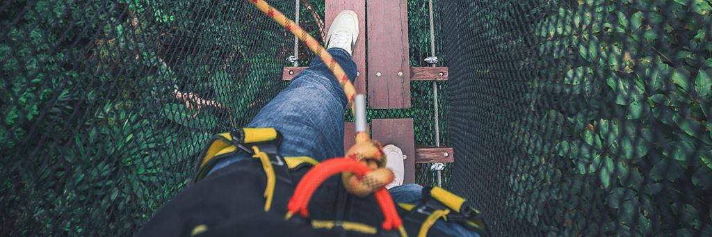 First-person view of someone on a narrow canopy walkway in a forest with safety nets on both sides.